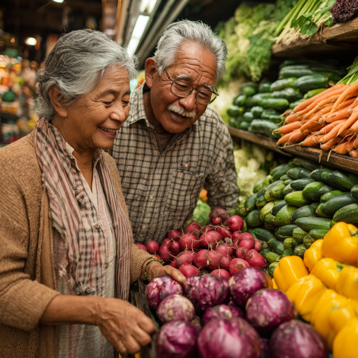 Adultos mayores disfrutando comida saludable